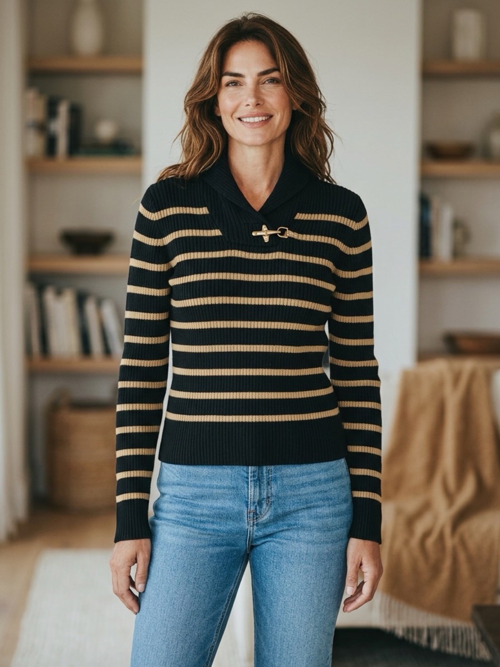 Lauren Ralph Lauren Black & Cream Striped Shawl-Collar Sweater with Toggle - Picture 2 of 4